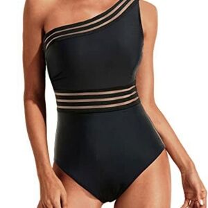 Elegant Black One-Piece Swimsuit with Asymmetrical Design, New, Size M